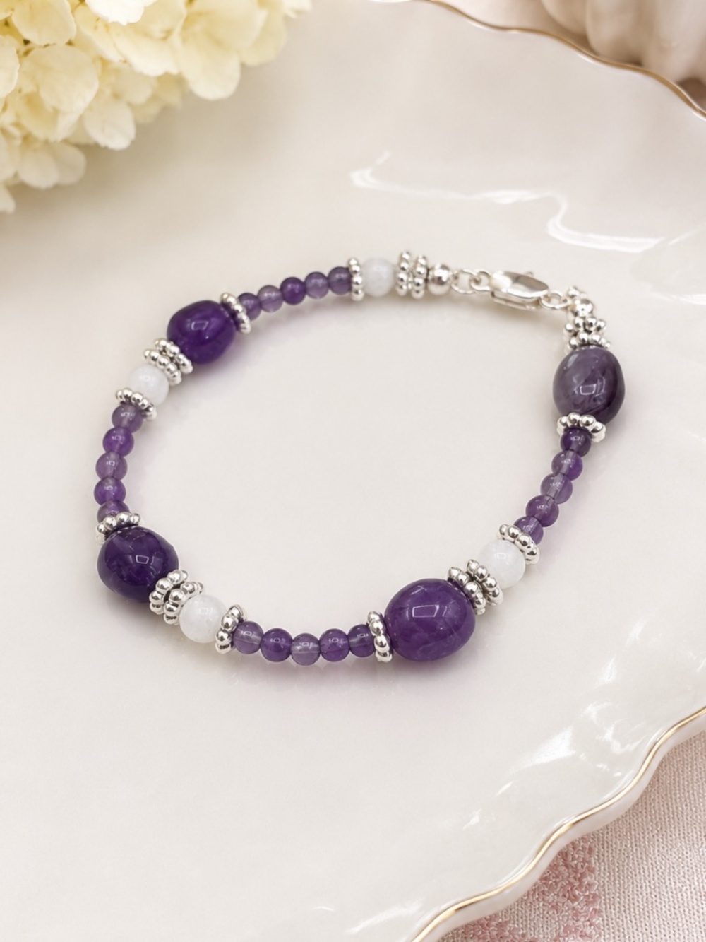 Amethyst and White Jade Natural Stone Bracelet 7.5" Silver and Purple Handmade